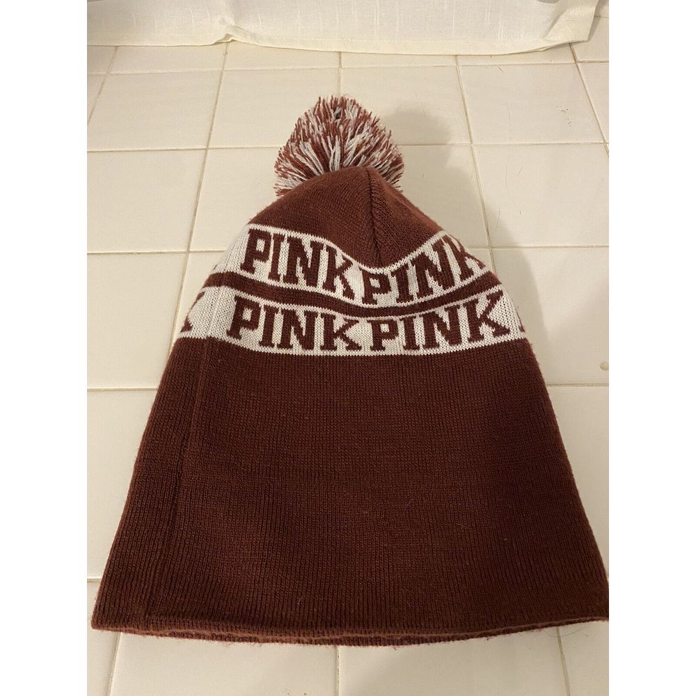 Victoria's Secret VS Pink Pom Beanie Winter Hat Stocking Cap Toboggan Maroon - Picture 2 of 6